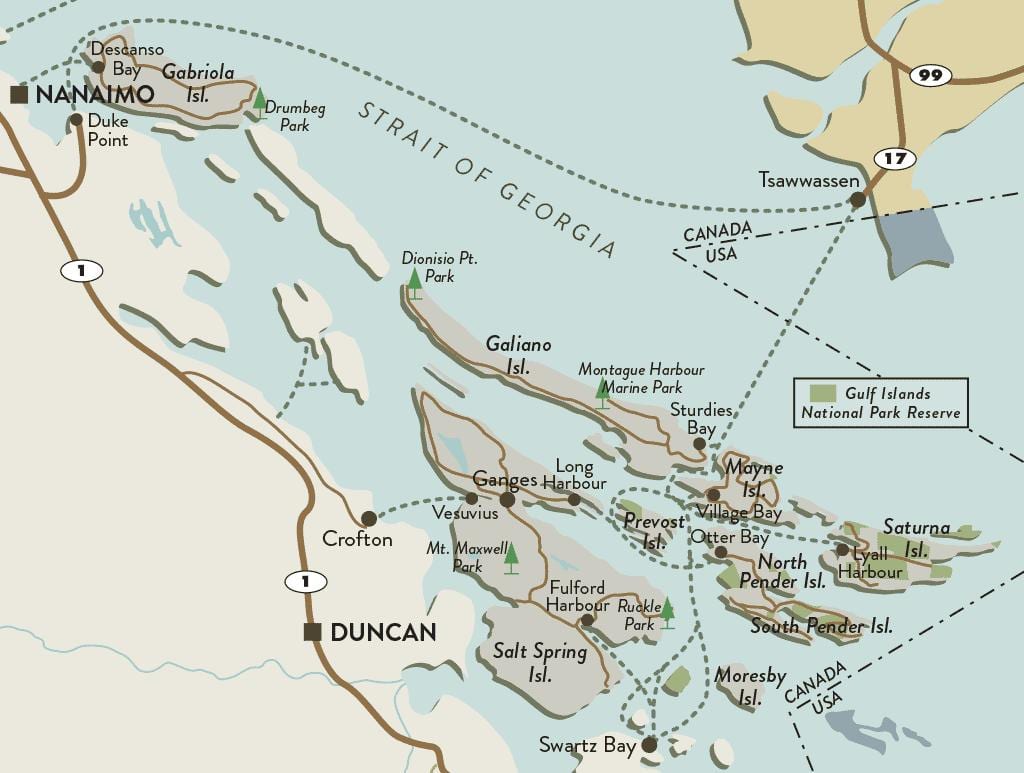 kort af vancouver island og gulf eyjar