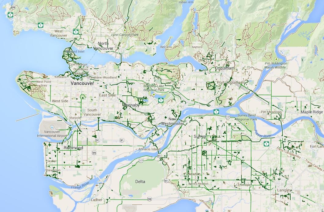 Kort af metro vancouver hjólreiðum