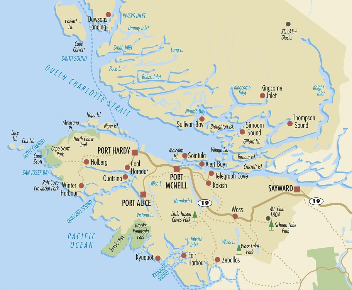 Kort af norður vancouver island
