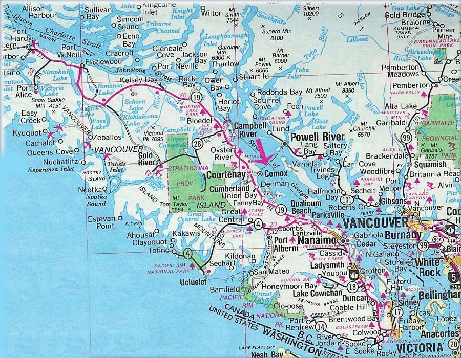 Kort af vancouver island vötnum