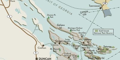 Kort af vancouver island og gulf eyjar